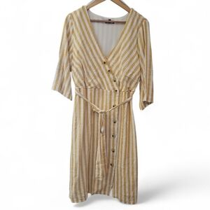Lily Black NWT Mustard Stripe Midi Dress Linen Blend Button Front Tie Waist Sz L